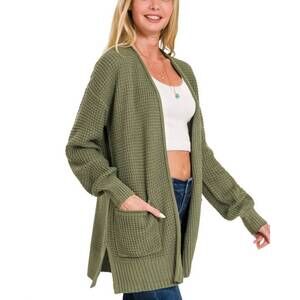 NEW VANILLA MONKEY cuddle up waffle open cardigan sweater in light olive